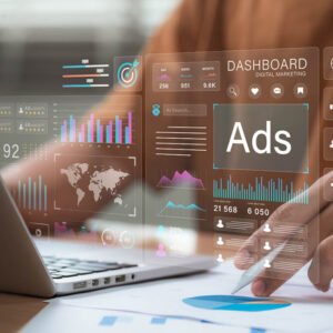 digital advertising and marketing analytics concept. professional analyzes ad performance dashboard, showcasing customer engagement insights, social media strategy, audience targeting, roi measurement